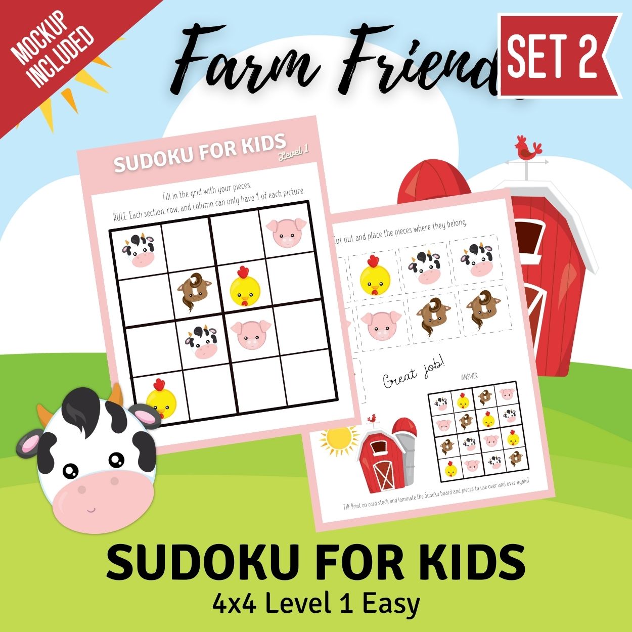 Two 4x4 sudoku for kids to print: Level Beginner, No. 1 and No. 2.