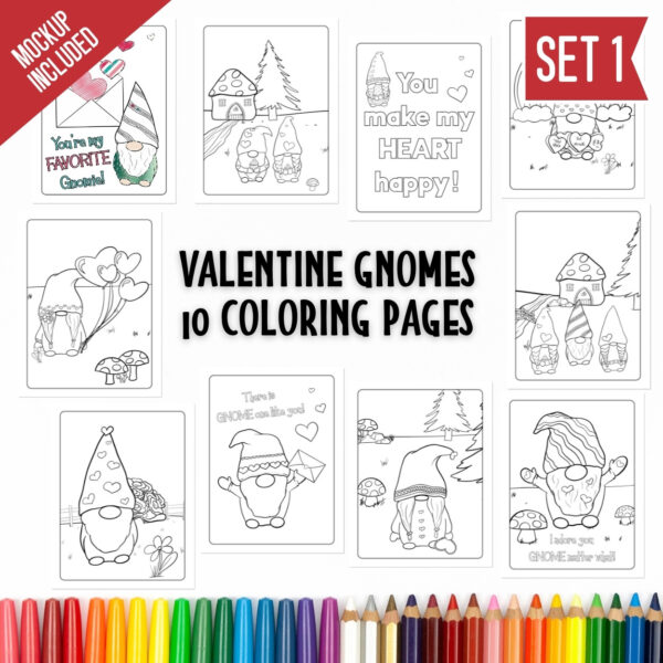 Valentine Gnome Coloring Pages Set 1