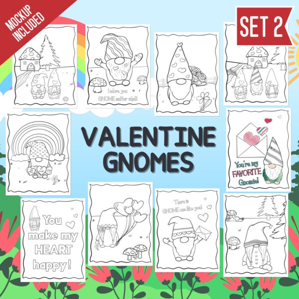 Valentine Gnome Coloring Pages Set 2