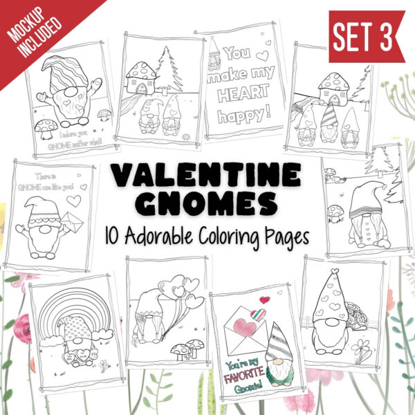 Valentine Gnome Coloring Pages Set 3